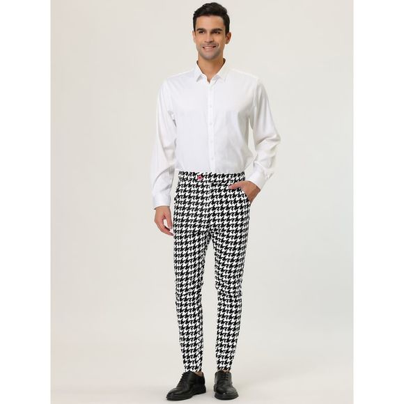 Houndstooth Printed Color Block Flat Front Slim Fit Dress Pants Black White - Picture 3 of 6